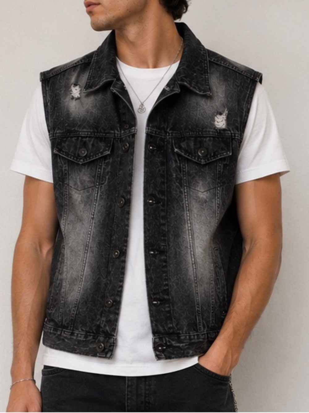 South Pole Men’s Black and Gray Distressed Denim Vest Size M